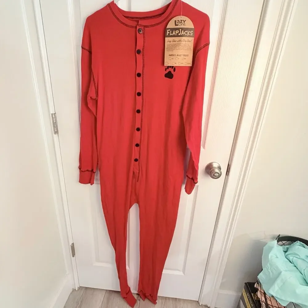 Lazy One Bear Bum Red Flapjack Long Johns One Piece Pajamas Size M Adult NWT